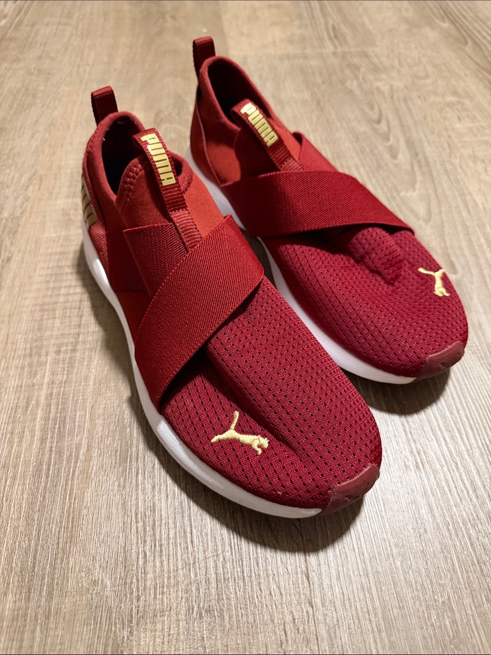 Puma Red Slip-On Sneakers with Gold Logo Accents